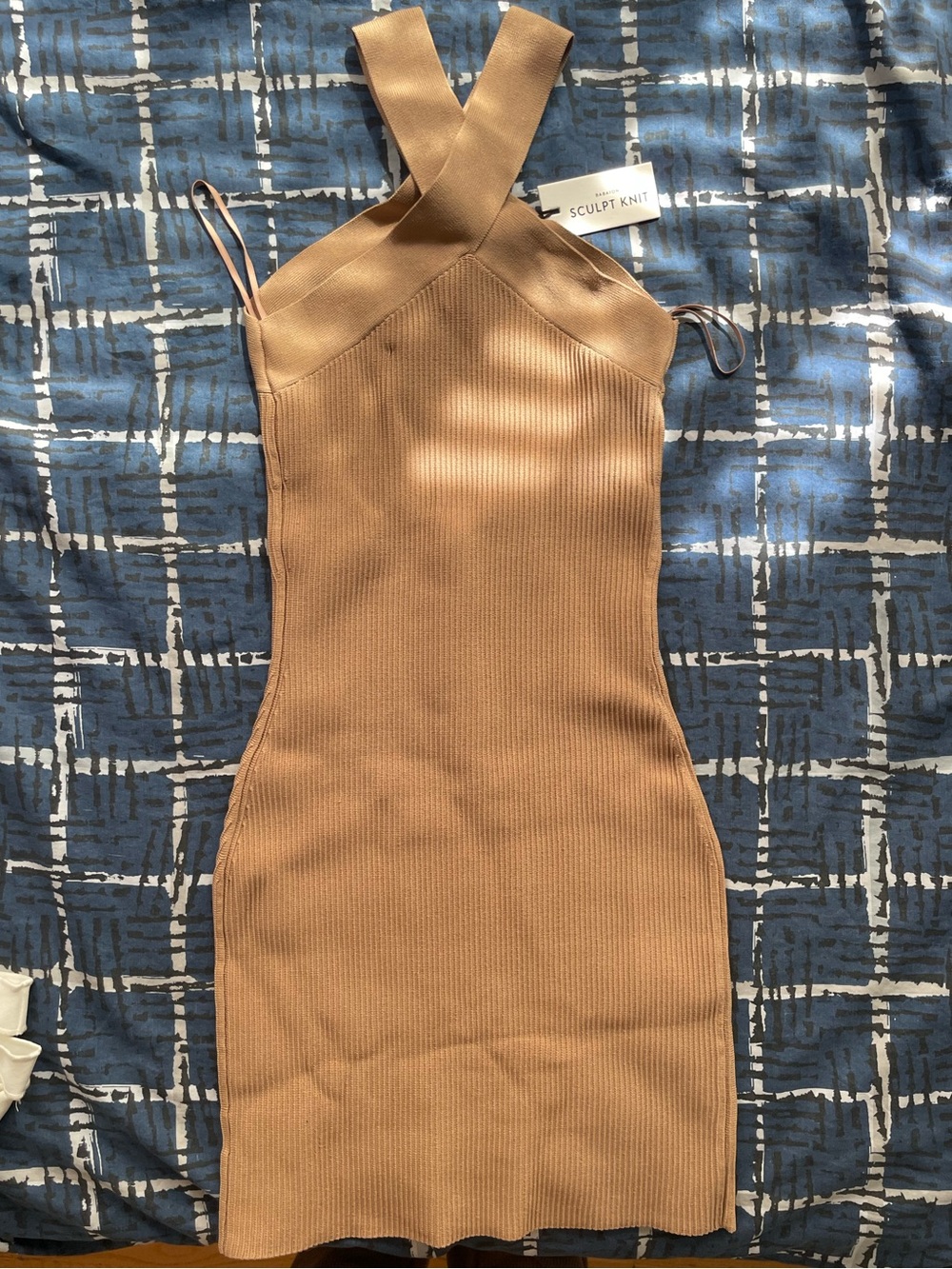 Aritzia Babaton Sculpt Knit Criss Cross Dress - Gold Camel